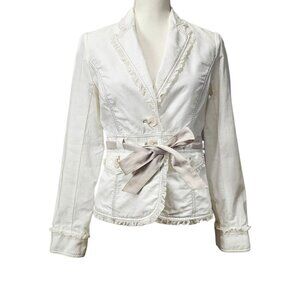 White House Black Market Boho Embroidery Belted Waist Cotton Off White Blazer